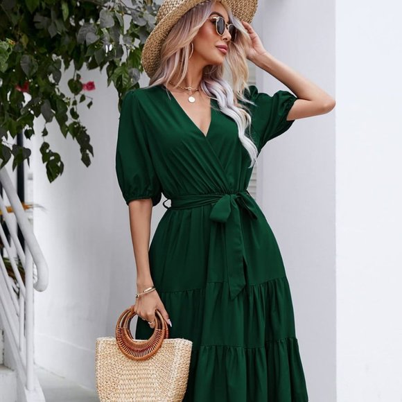 Floral Print High Slit Surplice Neck Tie Waist Midi Dress (MWBT) T